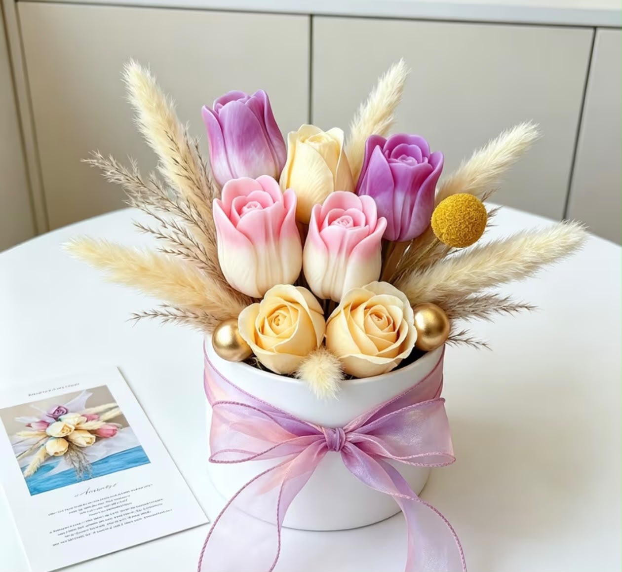 Aranjament floral în cutie rotundă cu lumânări trandafiri