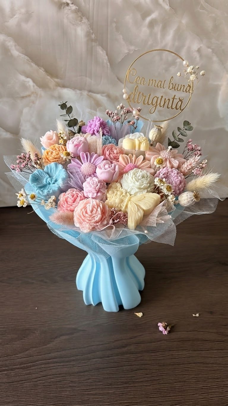 Buchet elegant cu flori de ceară și vas 3D decorativ