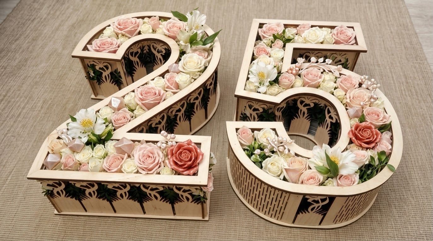 Cifre volumetrice din lemn cu aranjament floral personalizat – Disponibile pe orice dimensiune