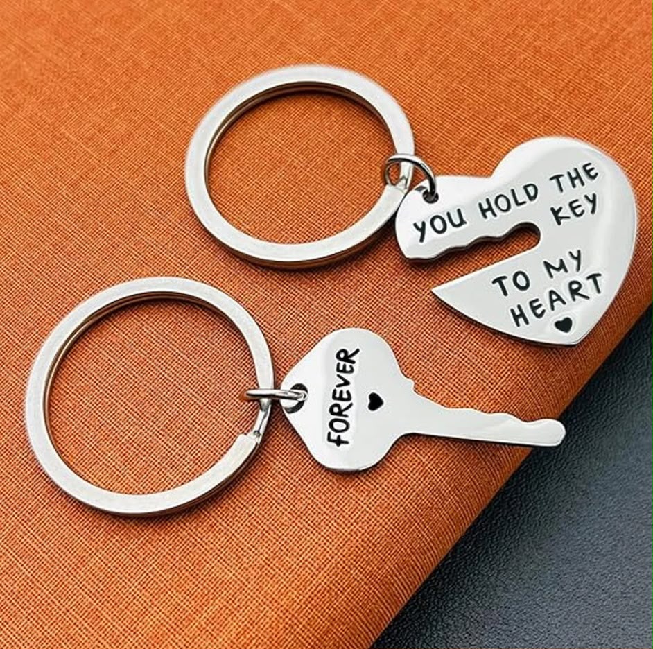 Set brelocuri pentru cupluri „Inimă și Cheie” – Personalizabile (Auriu, Argintiu, Rose Gold)