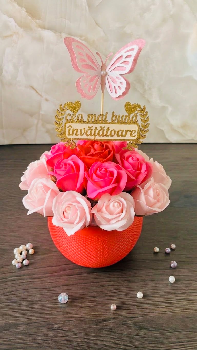 Aranjament floral în bol 3D reutilizabil – Trandafiri de săpun și mesaj personalizat