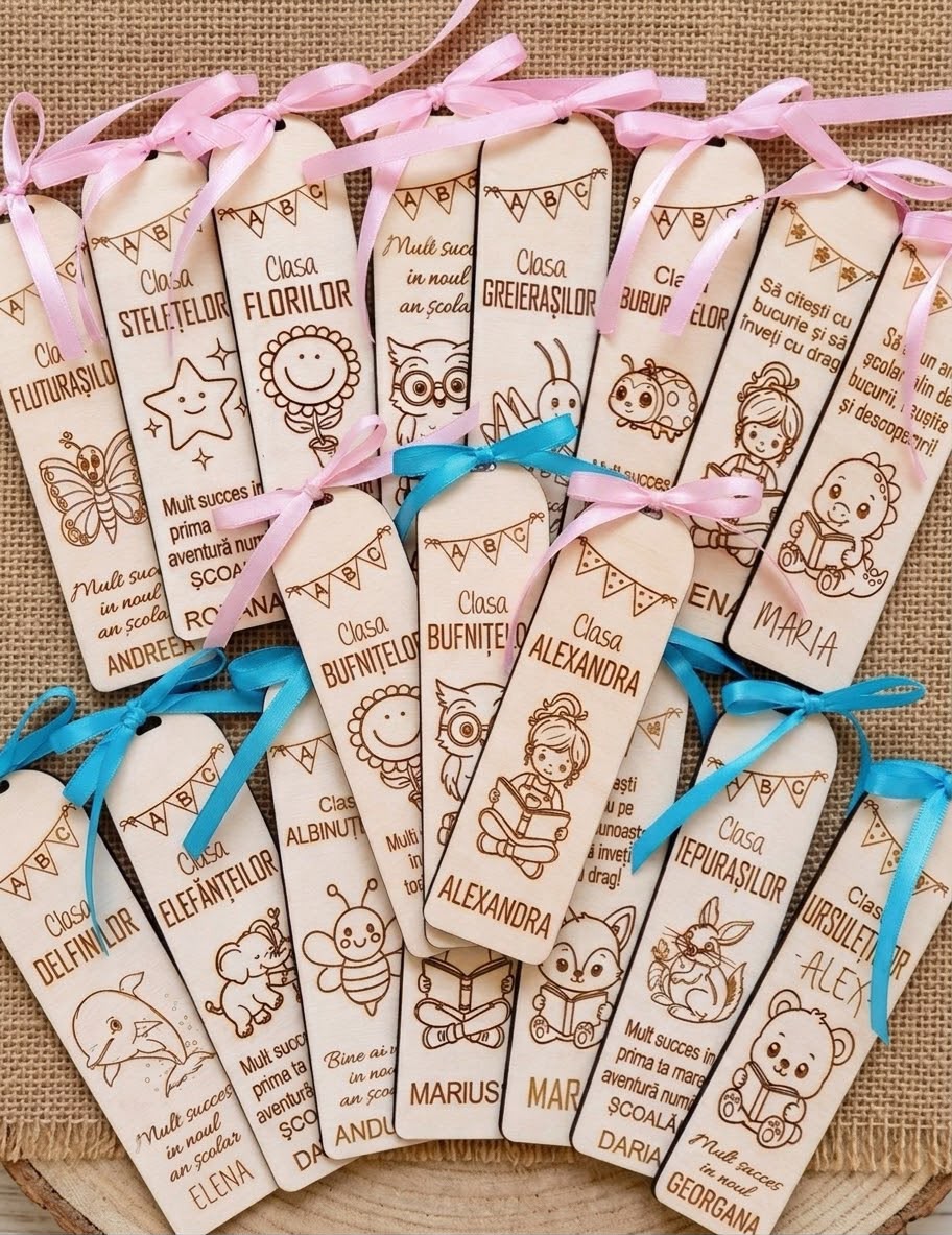 Semn de carte personalizat din lemn – Gravură laser și design jucăuș pentru copii și școlari