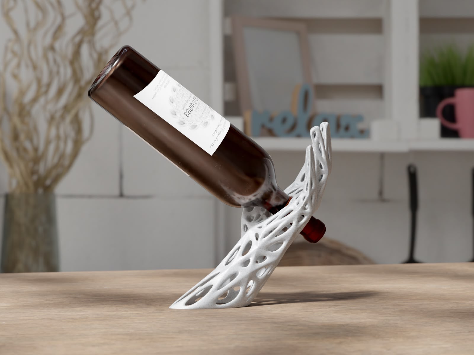 Suport decorativ 3D pentru sticle de vin – Eleganță, design inovator și funcționalitate pentru casa ta