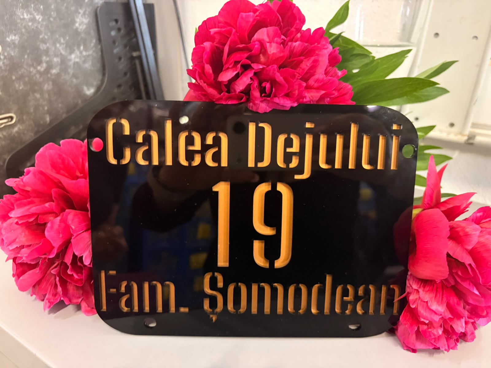 Plăcuță personalizată pentru număr de casă sau apartament – Design elegant din acril negru/auriu