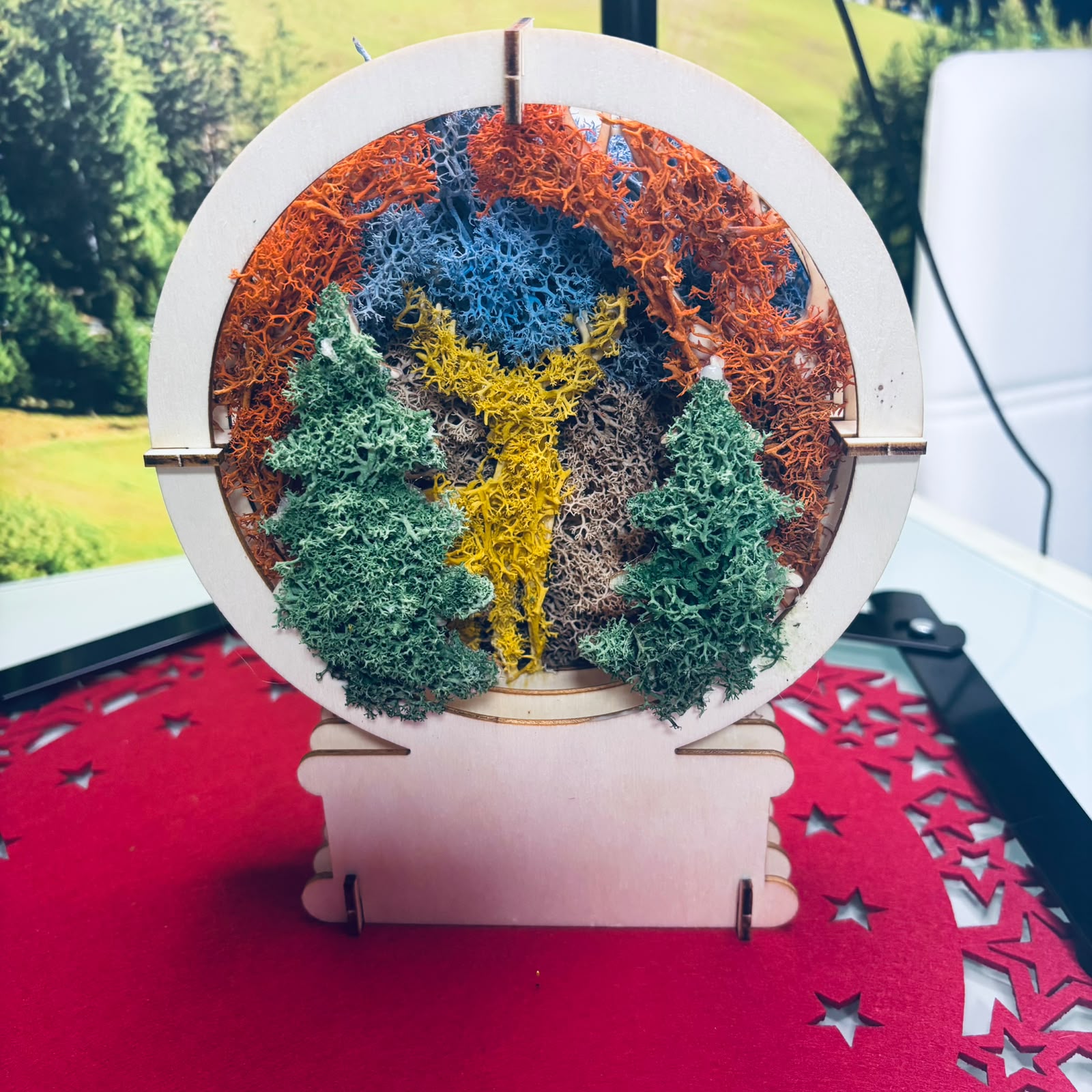 Decoratiune Rotunda 3D din Mușchi Stabilizați Naturali cu Suport de Lemn – Kasem Studio