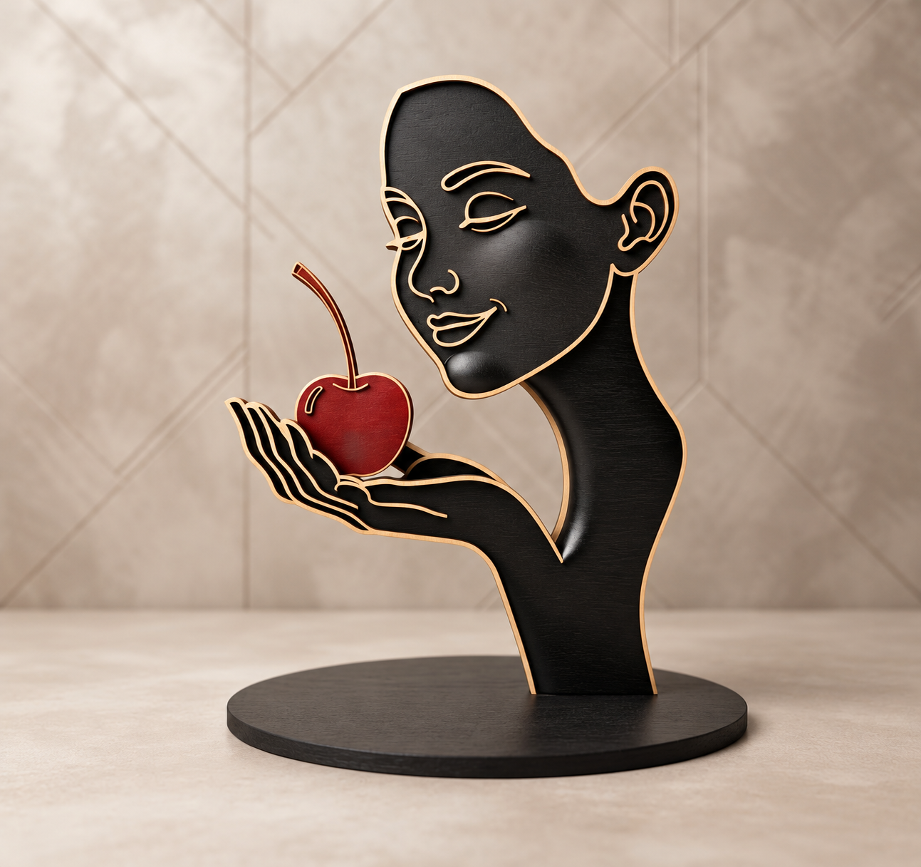 Statuetă Decorativă 3D din Lemn – Siluetă Feminină cu Cireașă