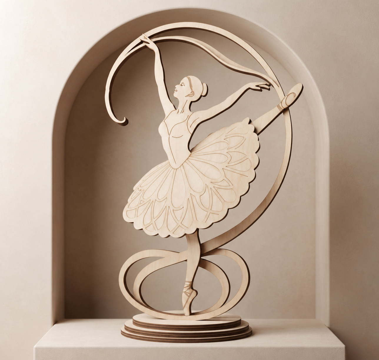 Balerină Decorativă 3D din Lemn – Dansatoare cu Panglică Artistică